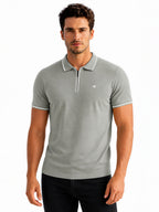 Solid Regular Fit Zipper Polo T-shirt with Tipped Details