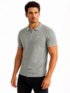 Solid Regular Fit Zipper Polo T-shirt with Tipped Details