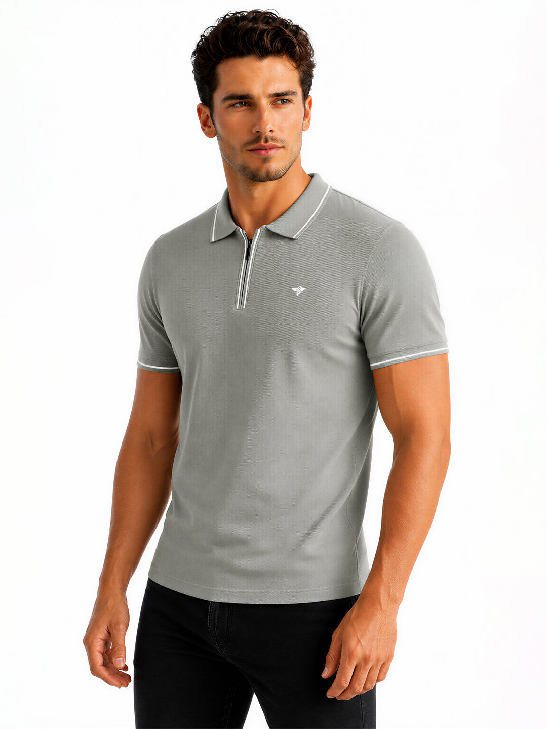 Solid Regular Fit Zipper Polo T-shirt with Tipped Details