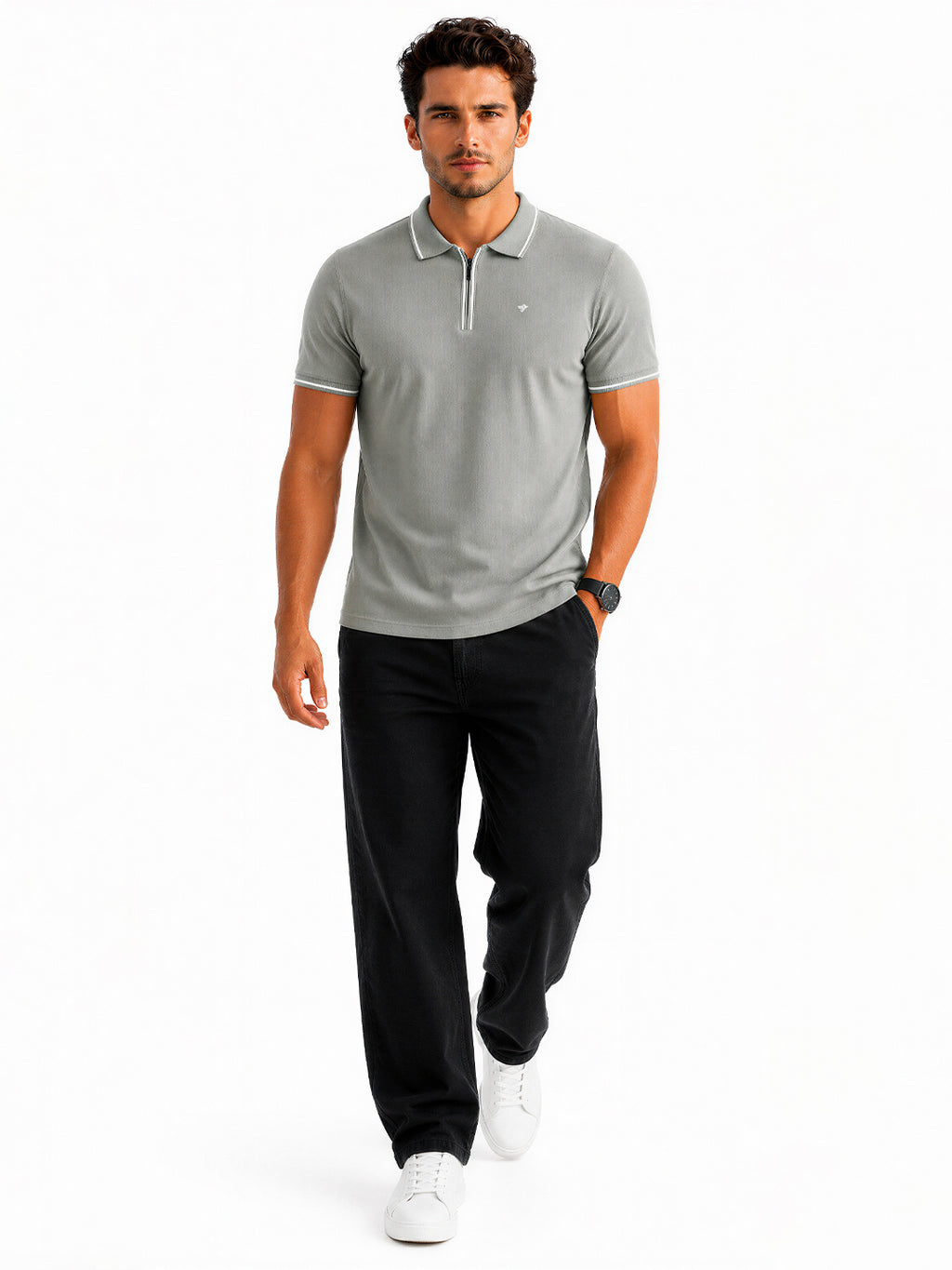 Solid Regular Fit Zipper Polo T-shirt with Tipped Details