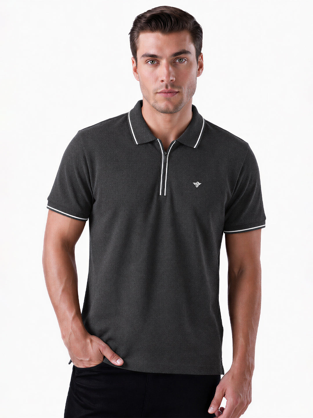 Solid Brand Logo Zipper Closure Regular Fit Polo T-shirt