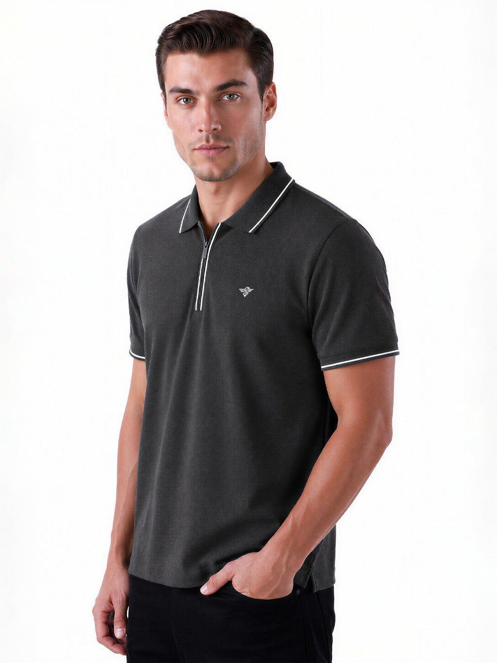 Solid Brand Logo Zipper Closure Regular Fit Polo T-shirt