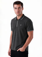 Solid Brand Logo Zipper Closure Regular Fit Polo T-shirt