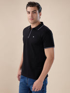 Men's Solid Regular Fit Zipper Polo T-shirt with Tipped Details