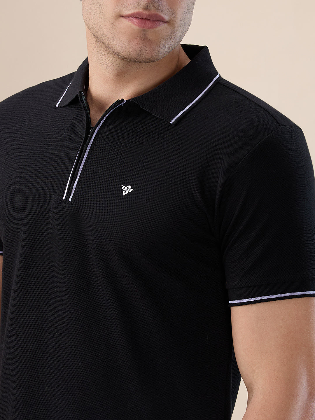 Men's Solid Regular Fit Zipper Polo T-shirt with Tipped Details