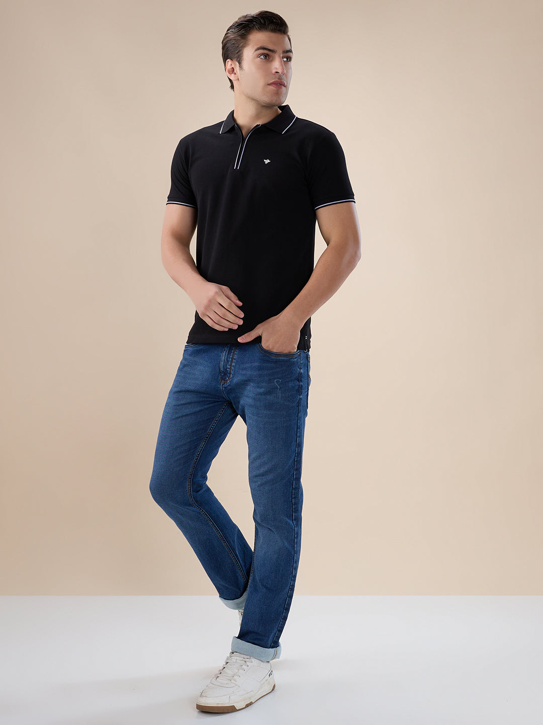 Men's Solid Regular Fit Zipper Polo T-shirt with Tipped Details