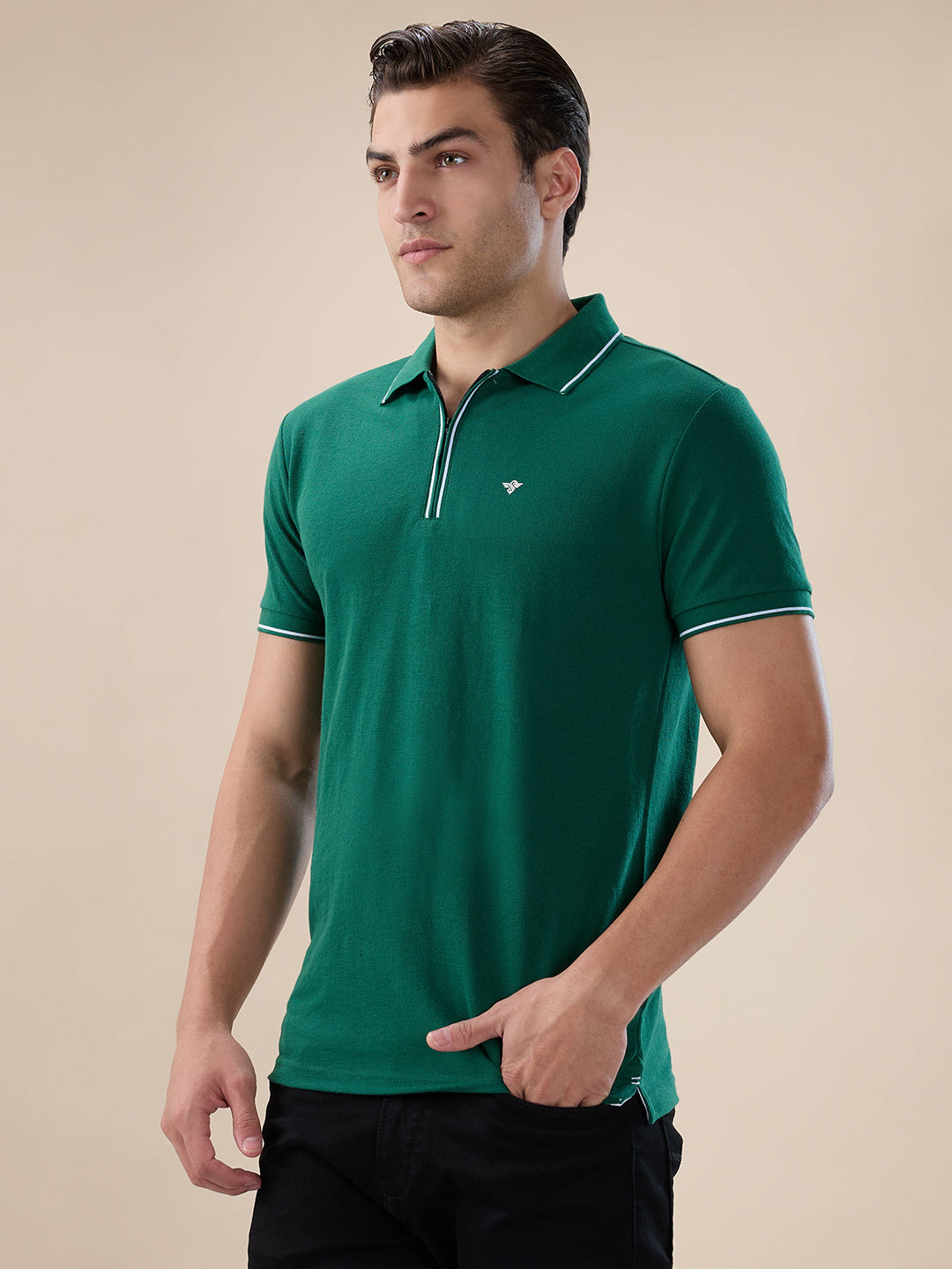 Men's Solid Regular Fit Zipper Polo T-shirt with Tipped Details Secondary image