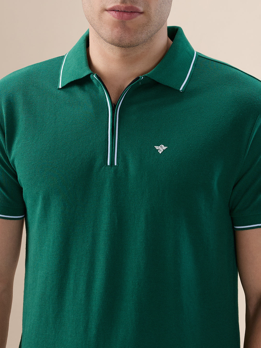 Men's Solid Regular Fit Zipper Polo T-shirt with Tipped Details