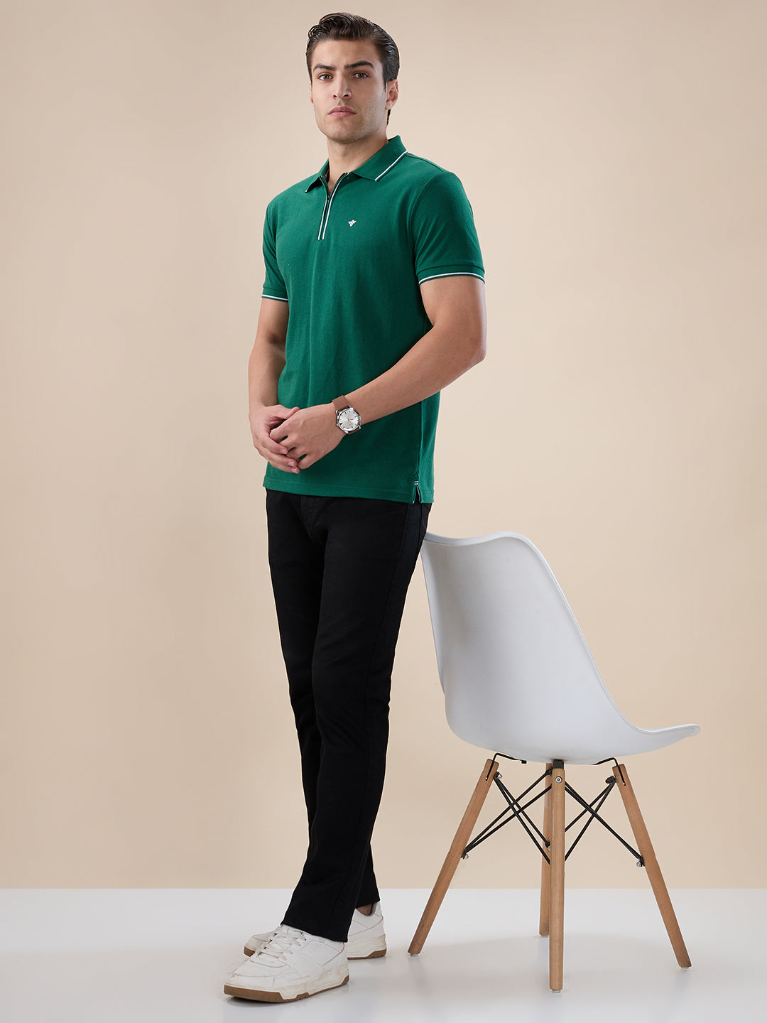 Men's Solid Regular Fit Zipper Polo T-shirt with Tipped Details