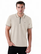 Solid Regular Fit Zipper Polo T-shirt with Tipped Details