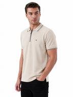 Solid Regular Fit Zipper Polo T-shirt with Tipped Details