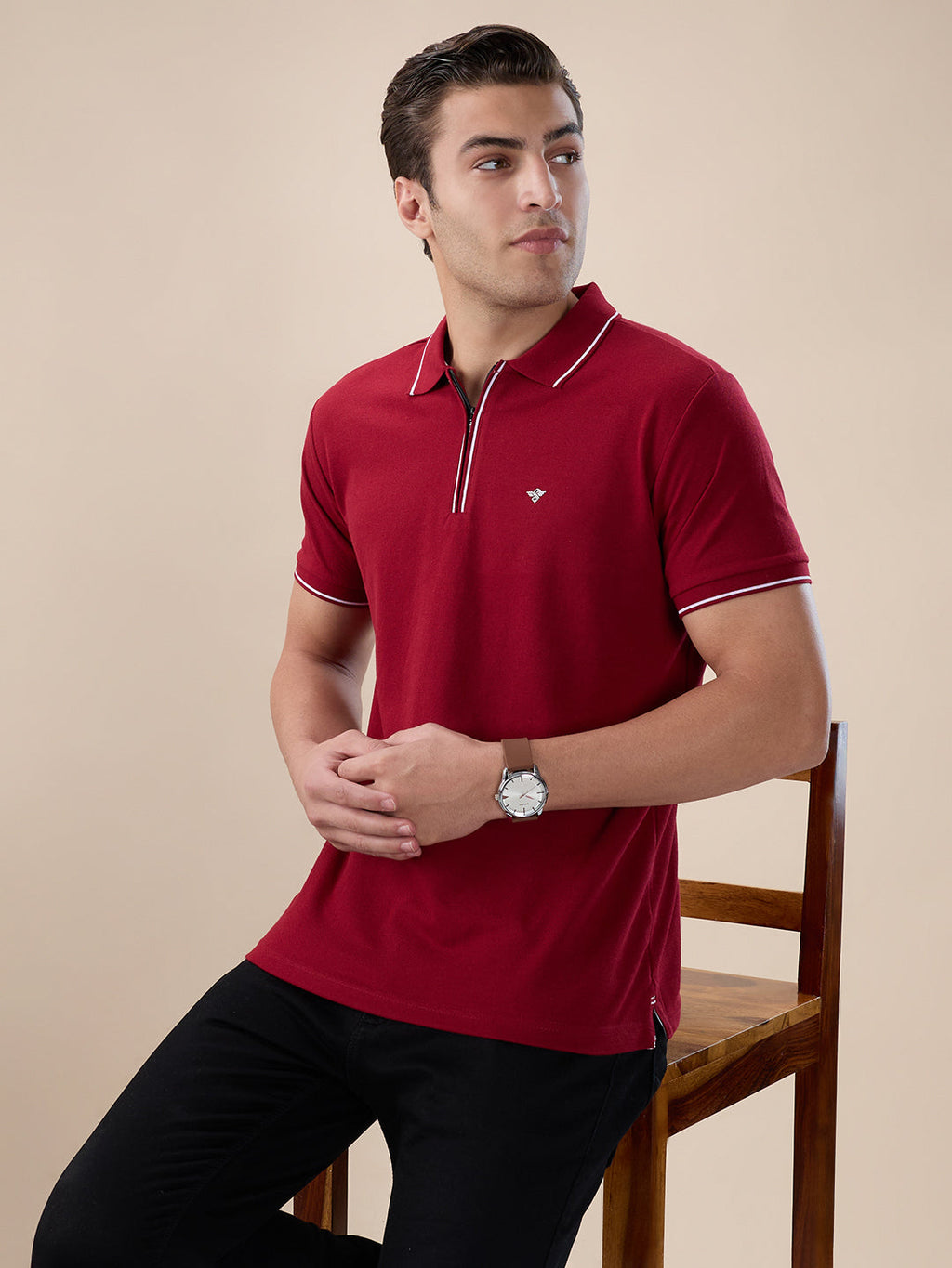 Men's Solid Regular Fit Zipper Polo T-shirt with Tipped Details