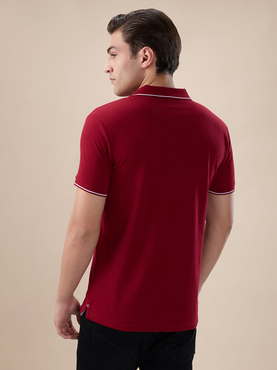 Men's Solid Regular Fit Zipper Polo T-shirt with Tipped Details