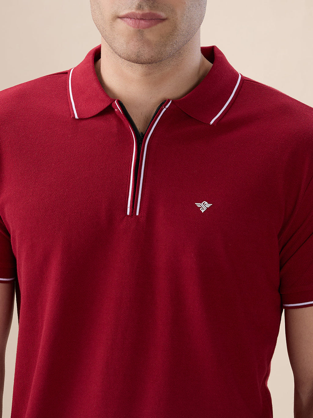 Men's Solid Regular Fit Zipper Polo T-shirt with Tipped Details