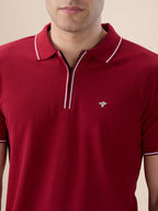Men's Solid Regular Fit Zipper Polo T-shirt with Tipped Details