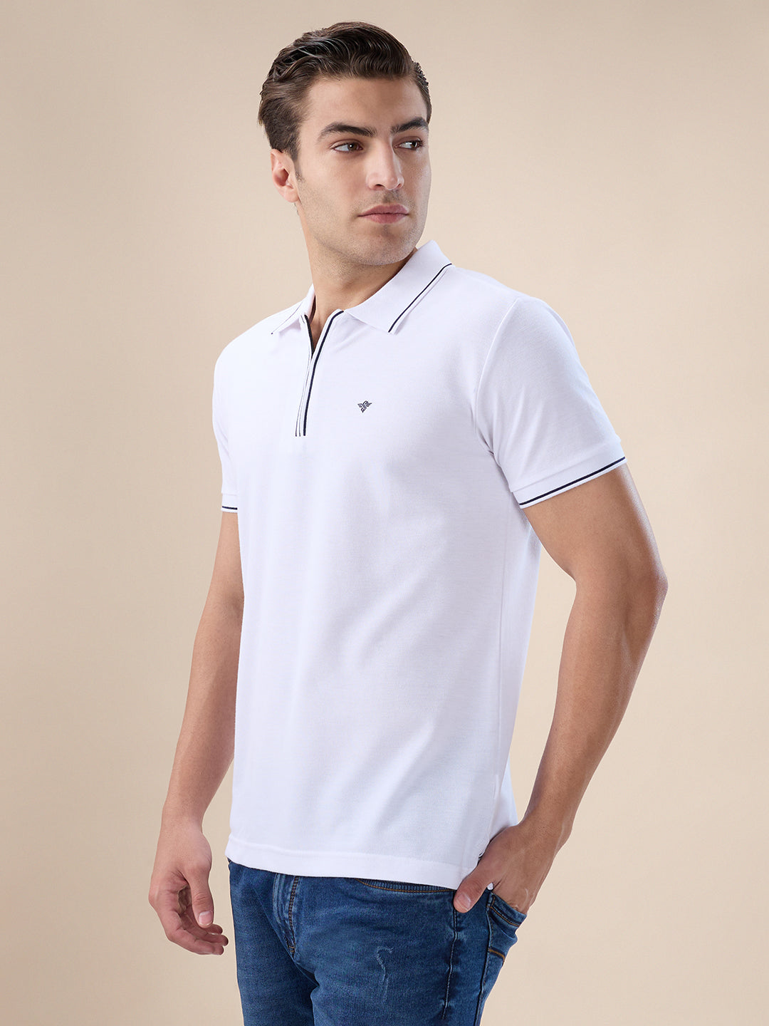 Men's Solid Regular Fit Zipper Polo T-shirt with Tipped Details