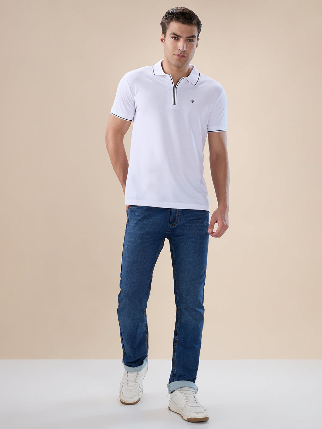 Men's Solid Regular Fit Zipper Polo T-shirt with Tipped Details