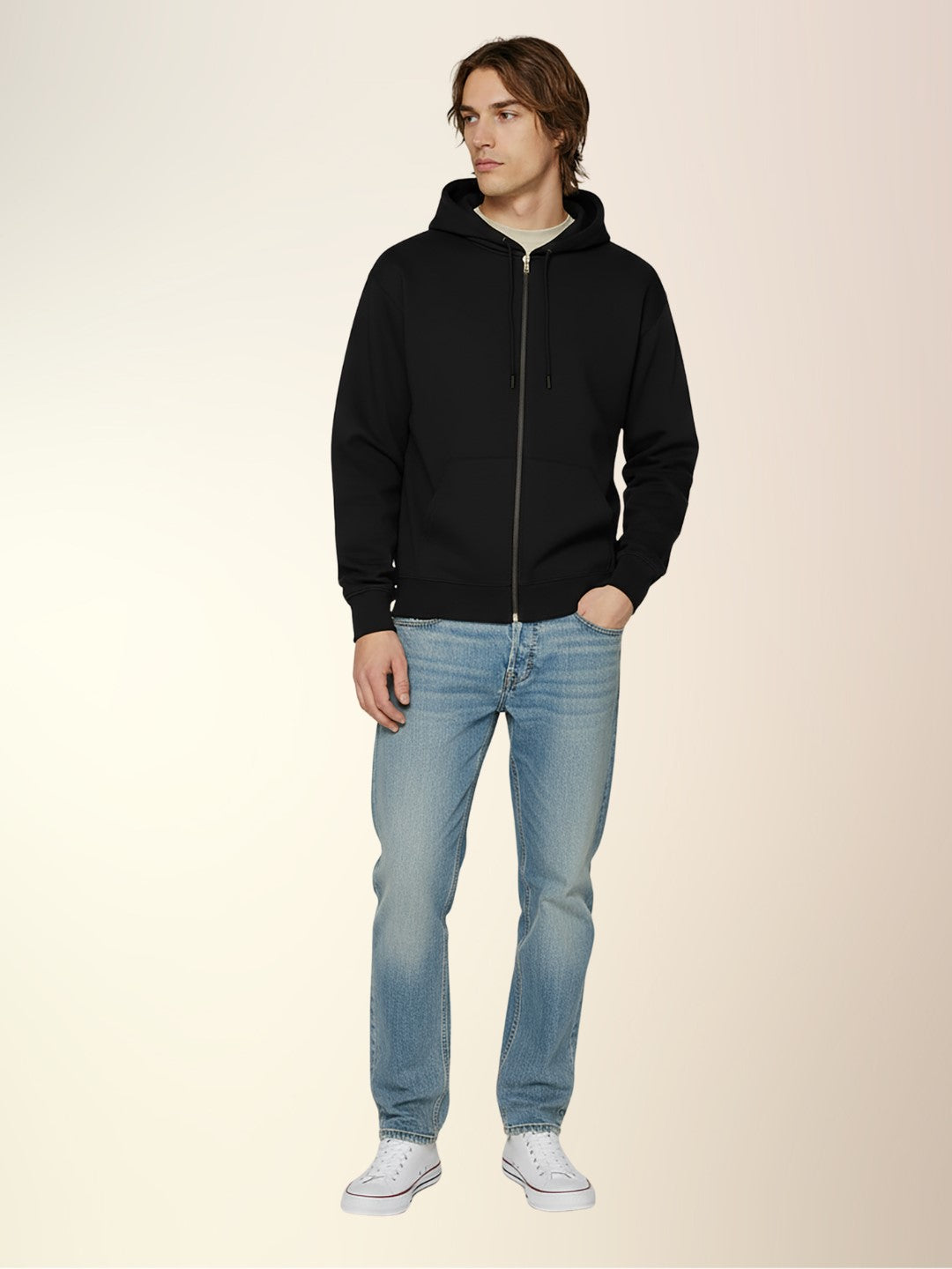 Men's Solid Fleece Zipper Sweatshirt with Round Hoodie Neck and Full Sleeves