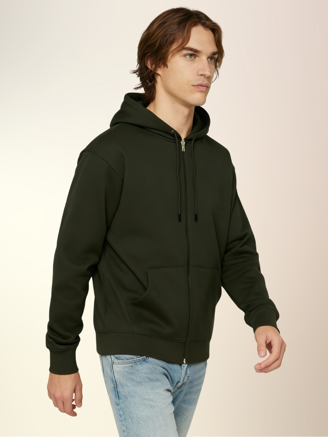 Men's Solid Fleece Zipper Sweatshirt with Round Hoodie Neck and Full Sleeves