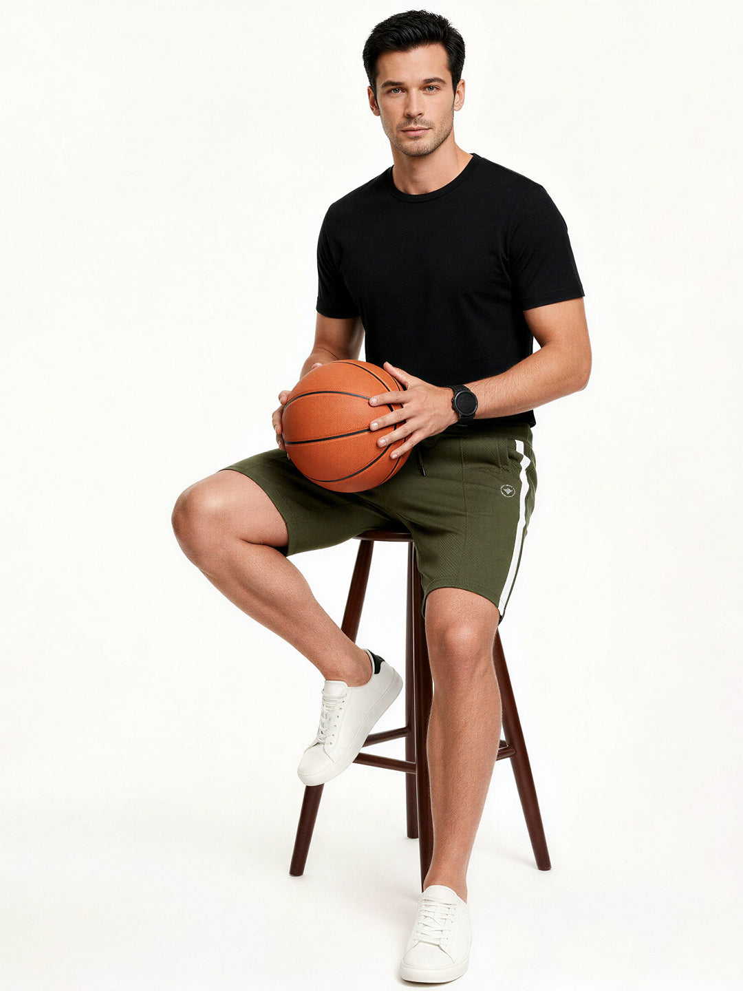 Olive Textured Knit Shorts with Side Taping Main image