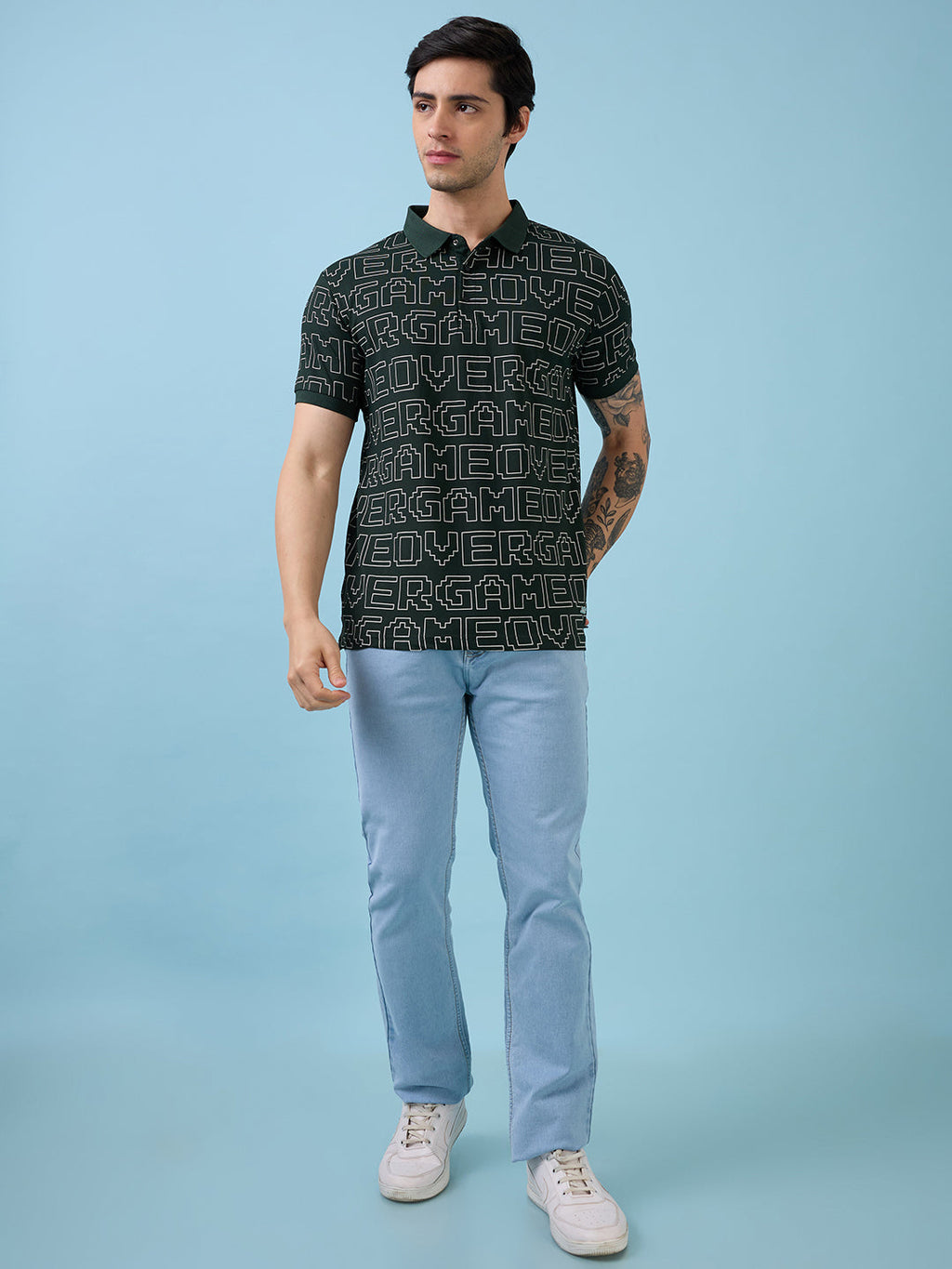Mens All-Over Typography Printed Polo Collar Short Sleeves Tshirt