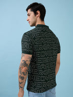 Mens All-Over Typography Printed Polo Collar Short Sleeves Tshirt