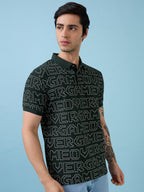 Mens All-Over Typography Printed Polo Collar Short Sleeves Tshirt