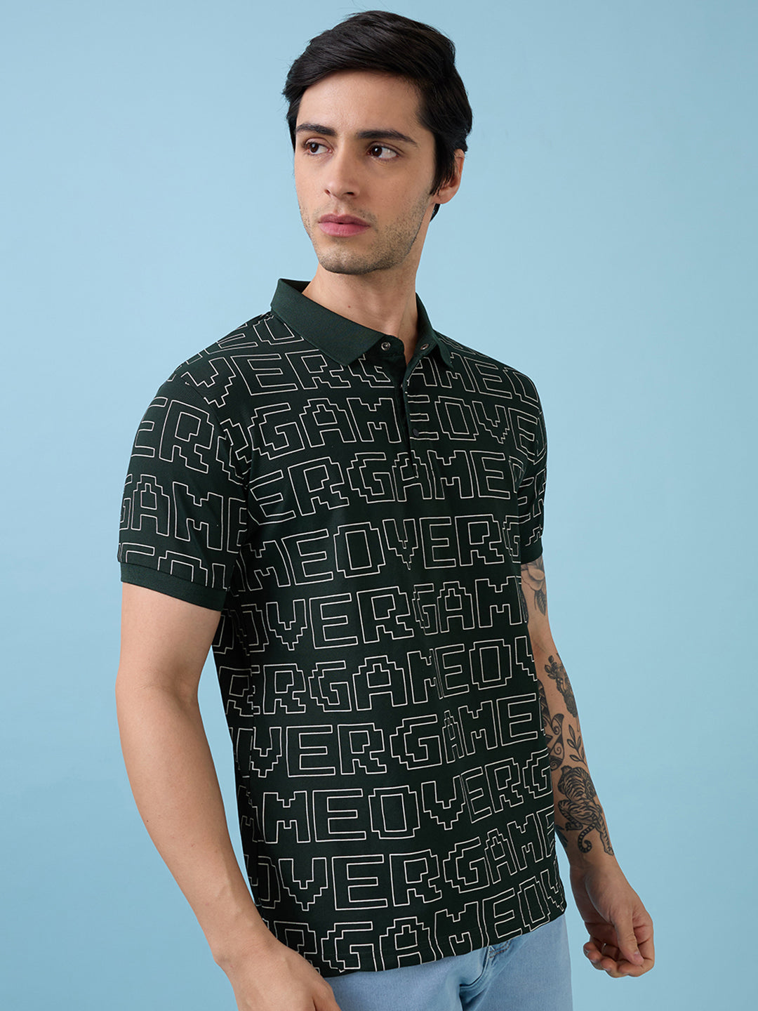 Mens All-Over Typography Printed Polo Collar Short Sleeves Tshirt