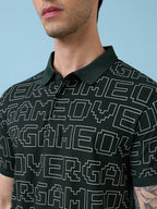 Mens All-Over Typography Printed Polo Collar Short Sleeves Tshirt