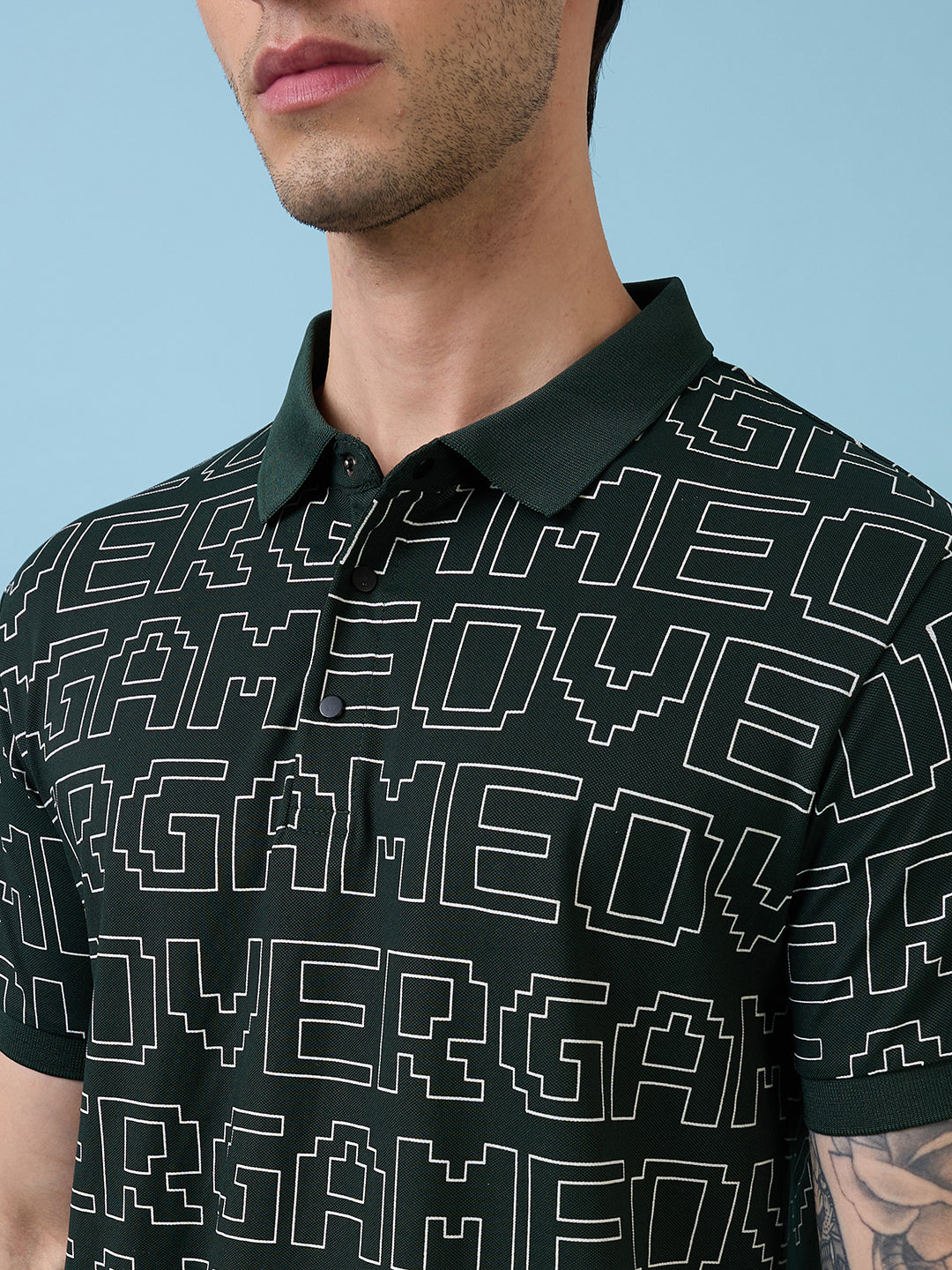 Mens All-Over Typography Printed Polo Collar Short Sleeves Tshirt