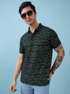 Mens All-Over Typography Printed Polo Collar Short Sleeves Tshirt
