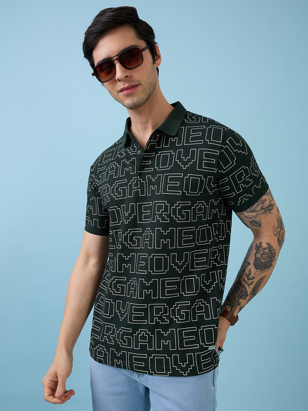 Mens All-Over Typography Printed Polo Collar Short Sleeves Tshirt
