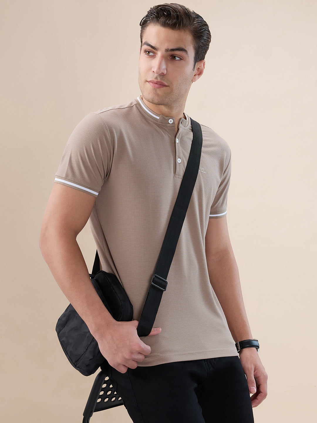 Mens Solid Henley Neck Half Sleeves Regular Fit T-shirt
