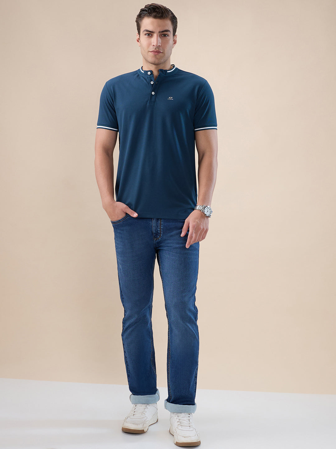 Mens Solid Henley Neck Half Sleeves Regular Fit T-shirt