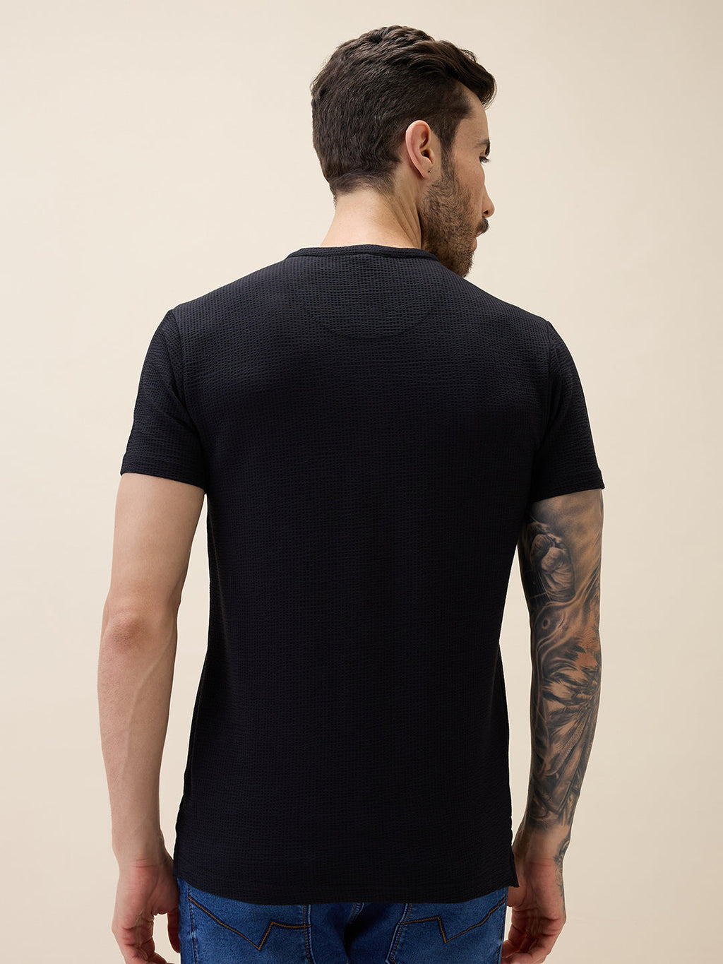 Mens Solid Henley Neck Half Sleeves Regular Fit Tshirt