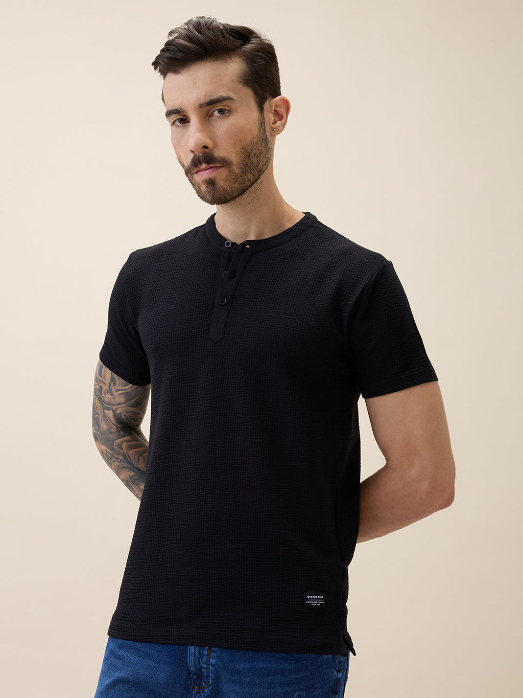 Mens Solid Henley Neck Half Sleeves Regular Fit Tshirt