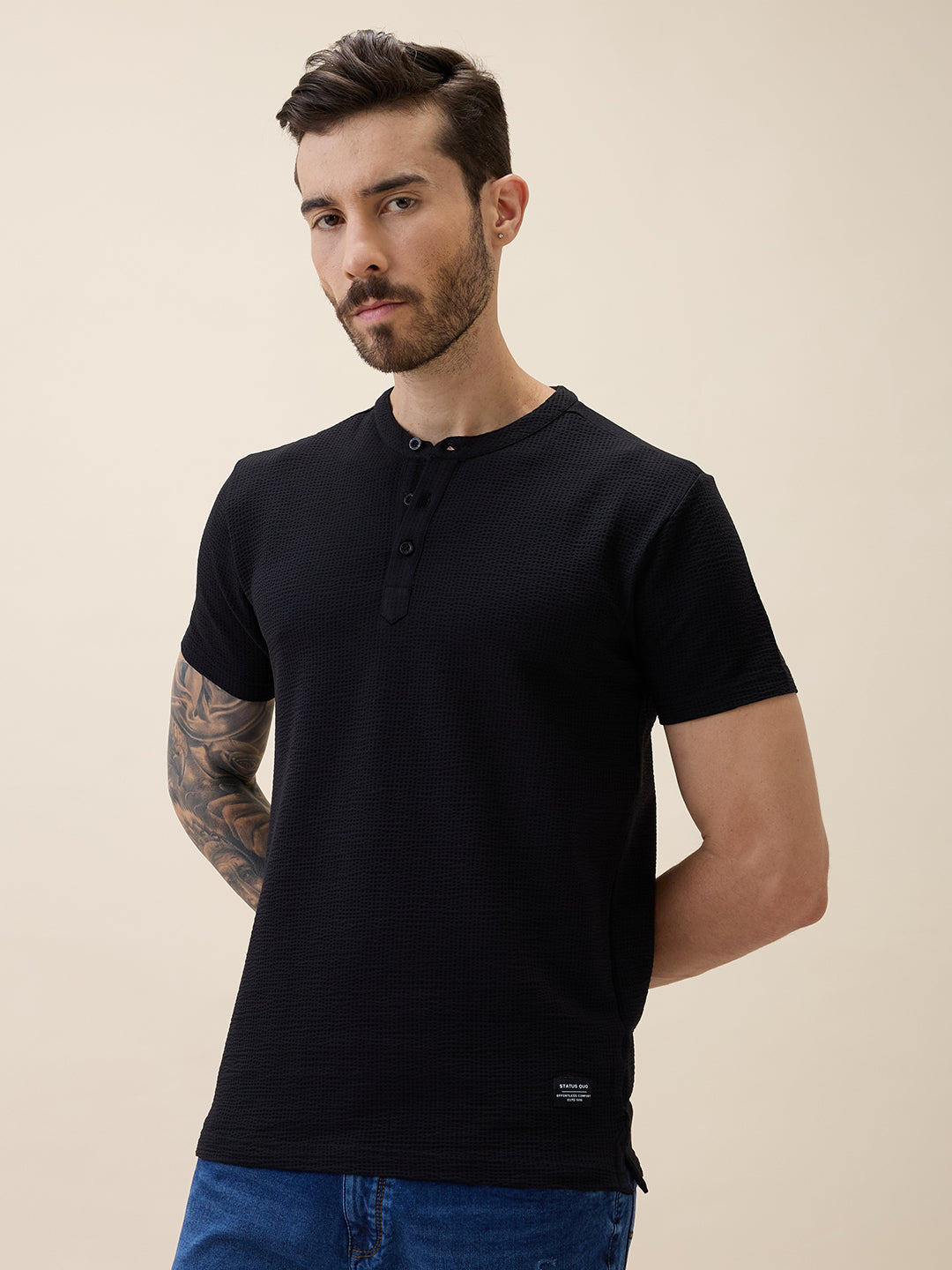 Mens Solid Henley Neck Half Sleeves Regular Fit Tshirt