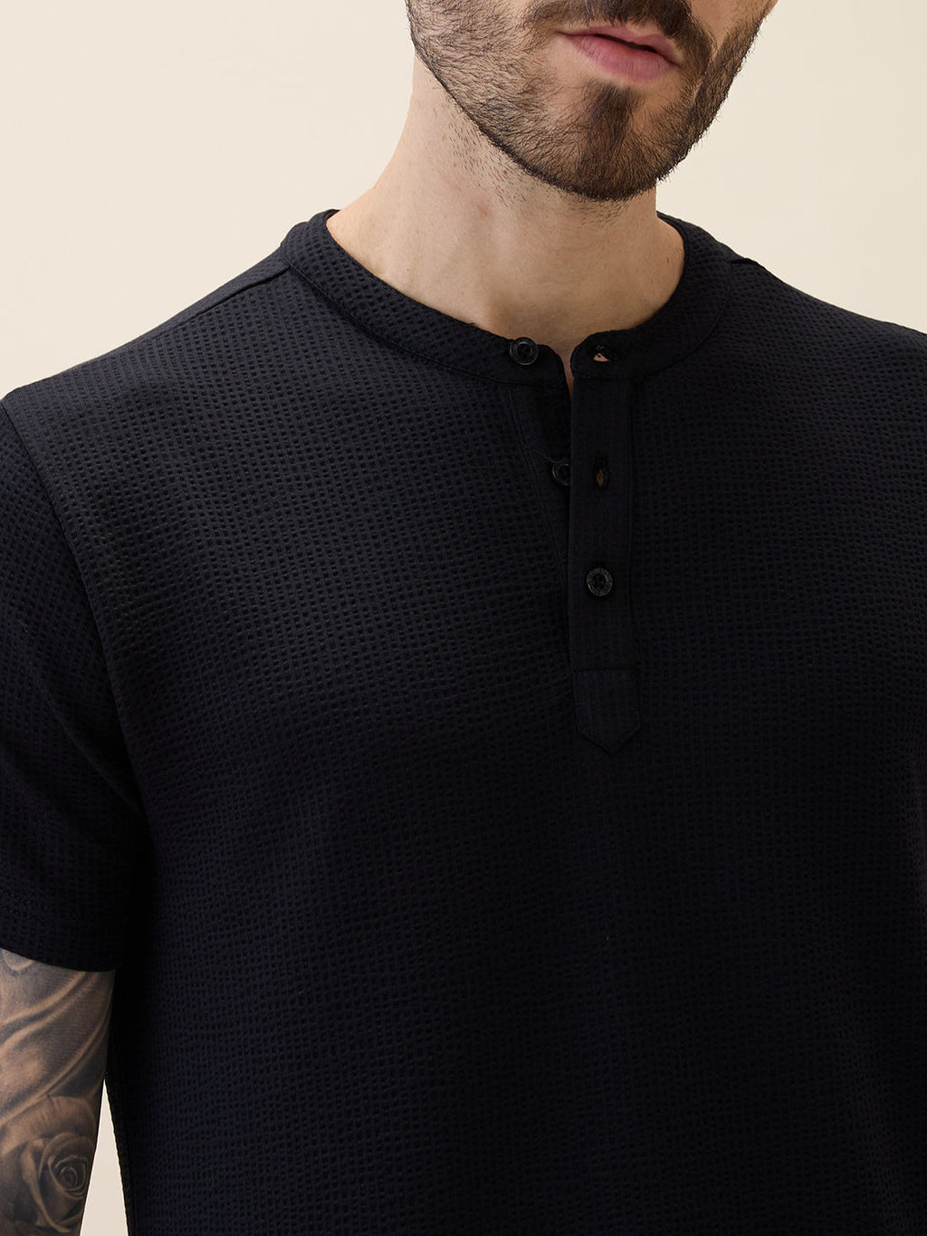 Mens Solid Henley Neck Half Sleeves Regular Fit Tshirt