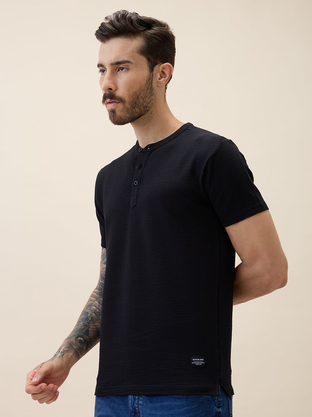 Mens Solid Henley Neck Half Sleeves Regular Fit Tshirt Secondary image