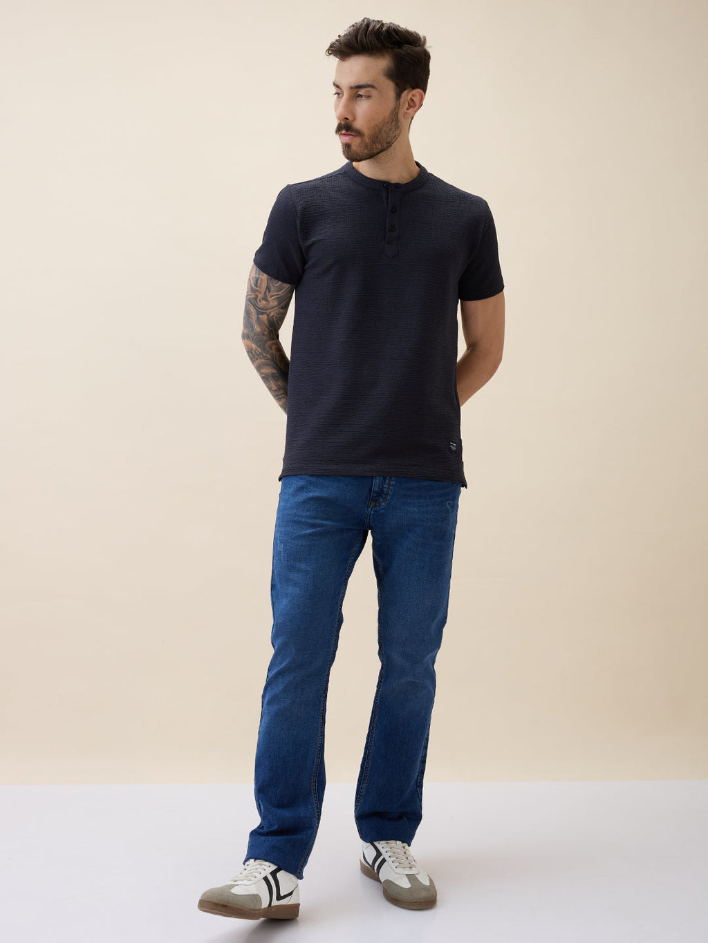 Mens Solid Henley Neck Half Sleeves Regular Fit Tshirt