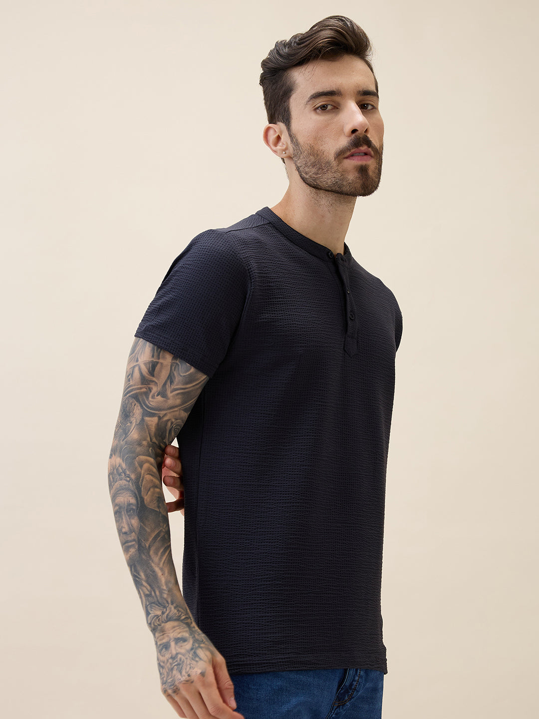 Mens Solid Henley Neck Half Sleeves Regular Fit Tshirt Secondary image