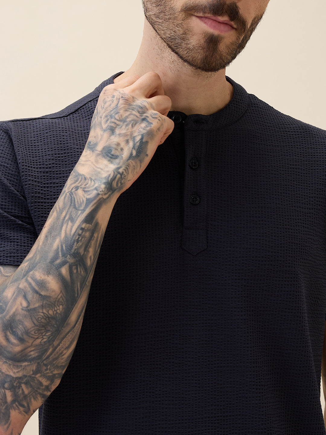 Mens Solid Henley Neck Half Sleeves Regular Fit Tshirt