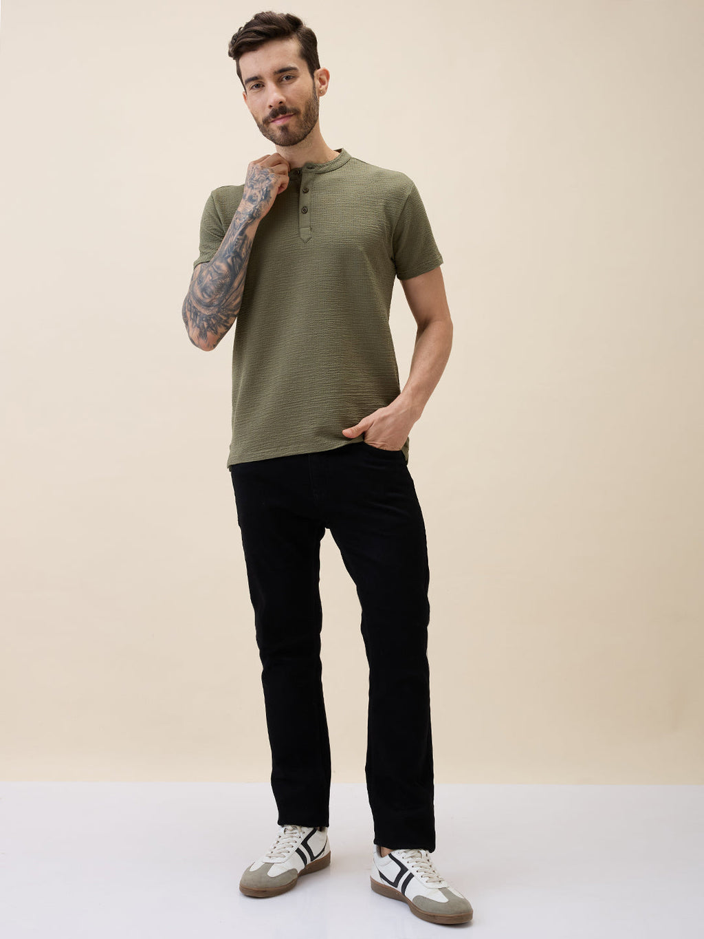 Mens Solid Henley Neck Half Sleeves Regular Fit Tshirt