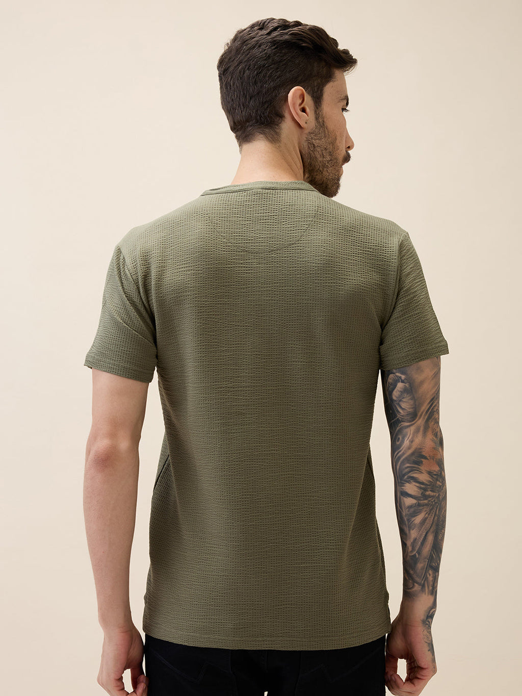 Mens Solid Henley Neck Half Sleeves Regular Fit Tshirt