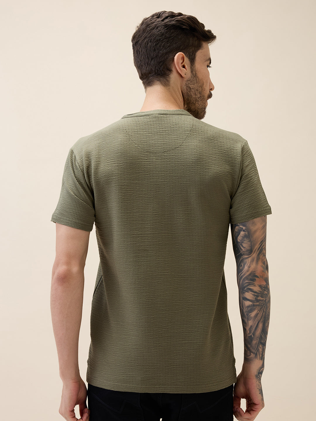 Mens Solid Henley Neck Half Sleeves Regular Fit Tshirt