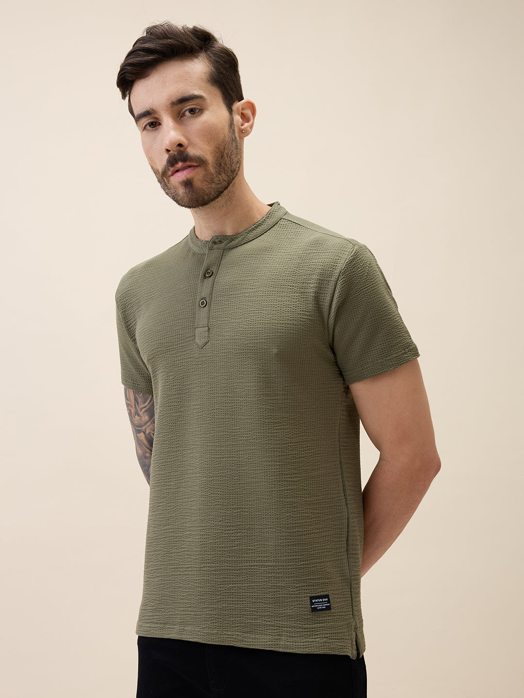 Mens Solid Henley Neck Half Sleeves Regular Fit Tshirt Secondary image