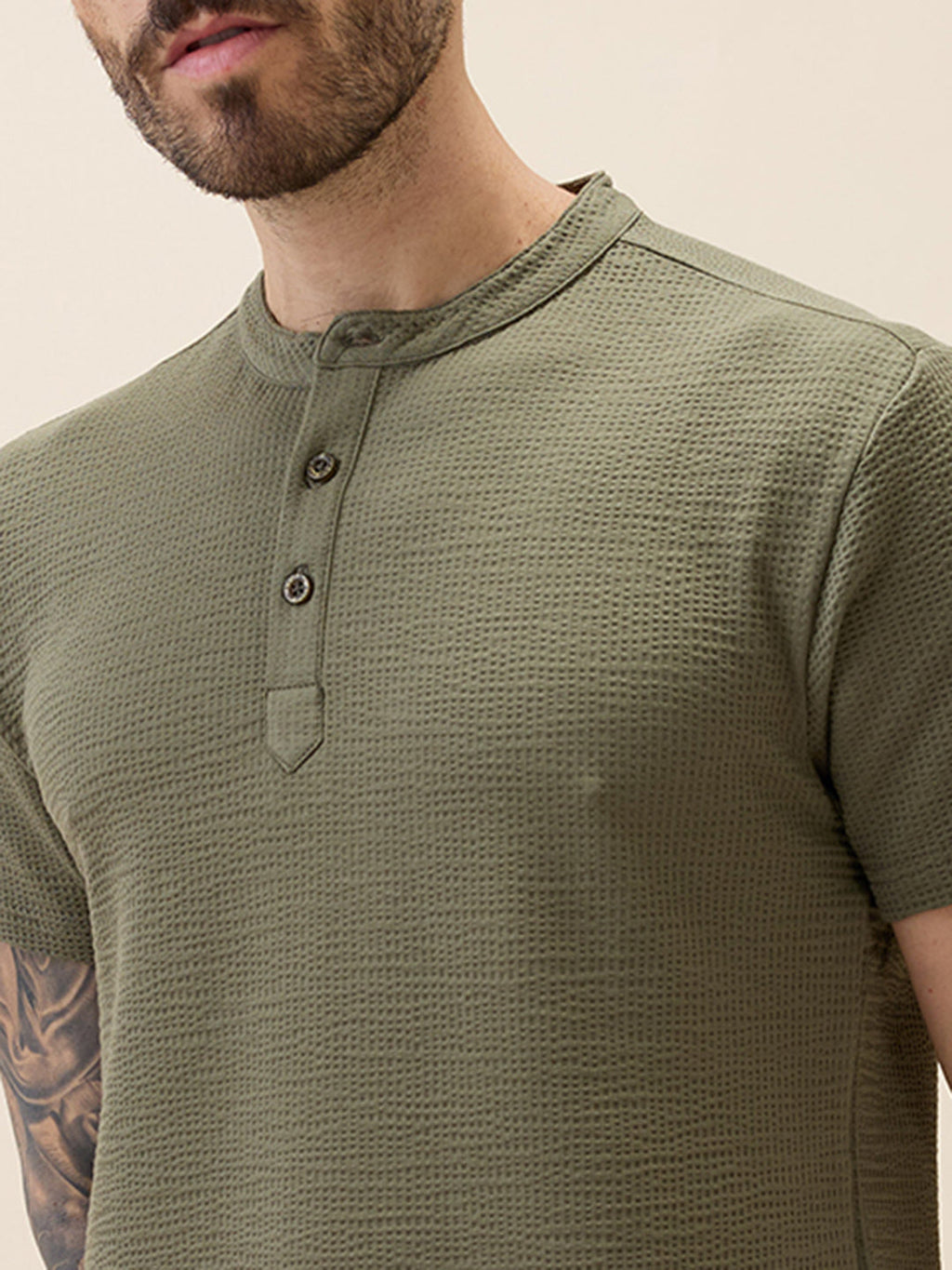 Mens Solid Henley Neck Half Sleeves Regular Fit Tshirt