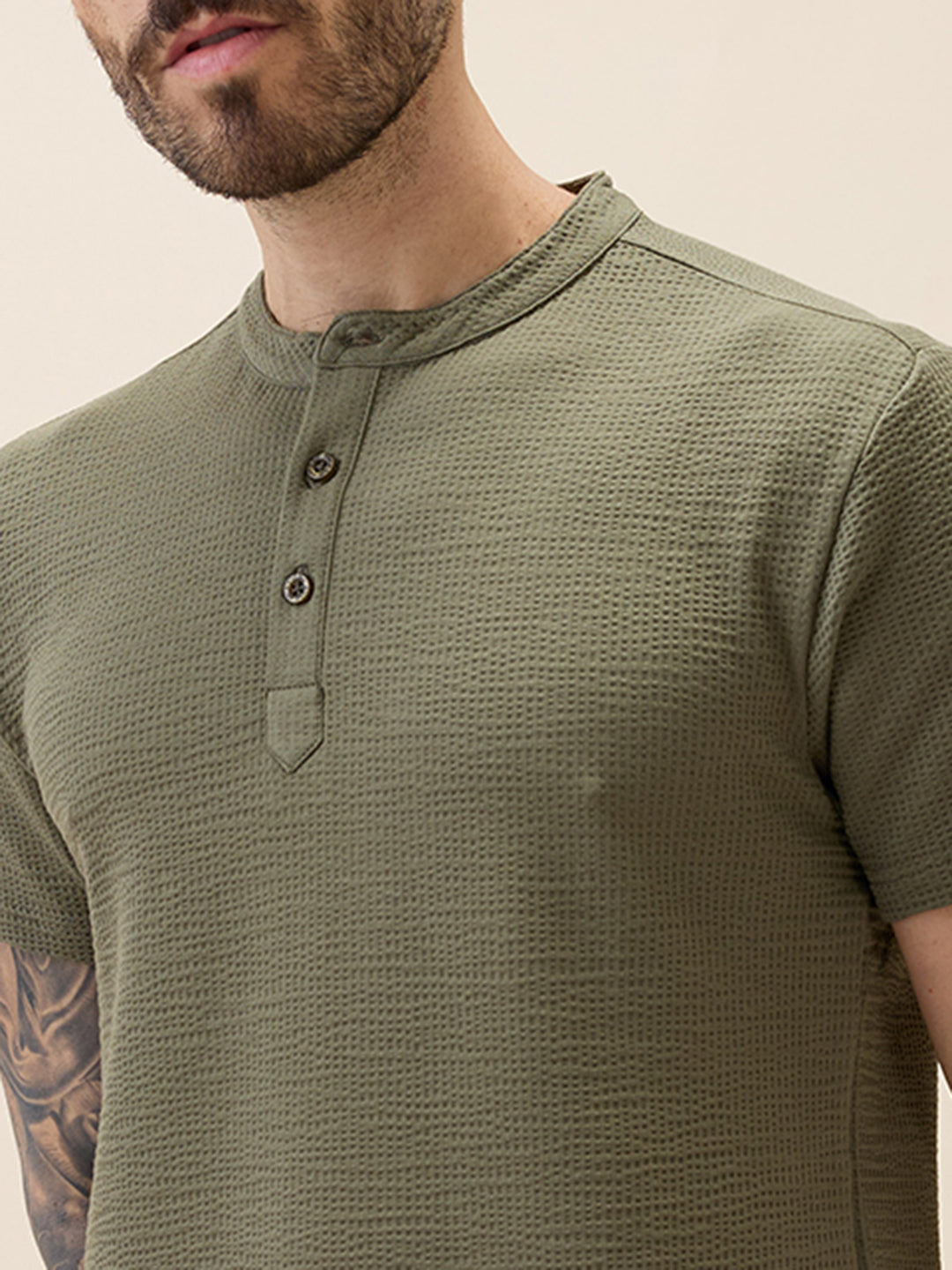 Mens Solid Henley Neck Half Sleeves Regular Fit Tshirt