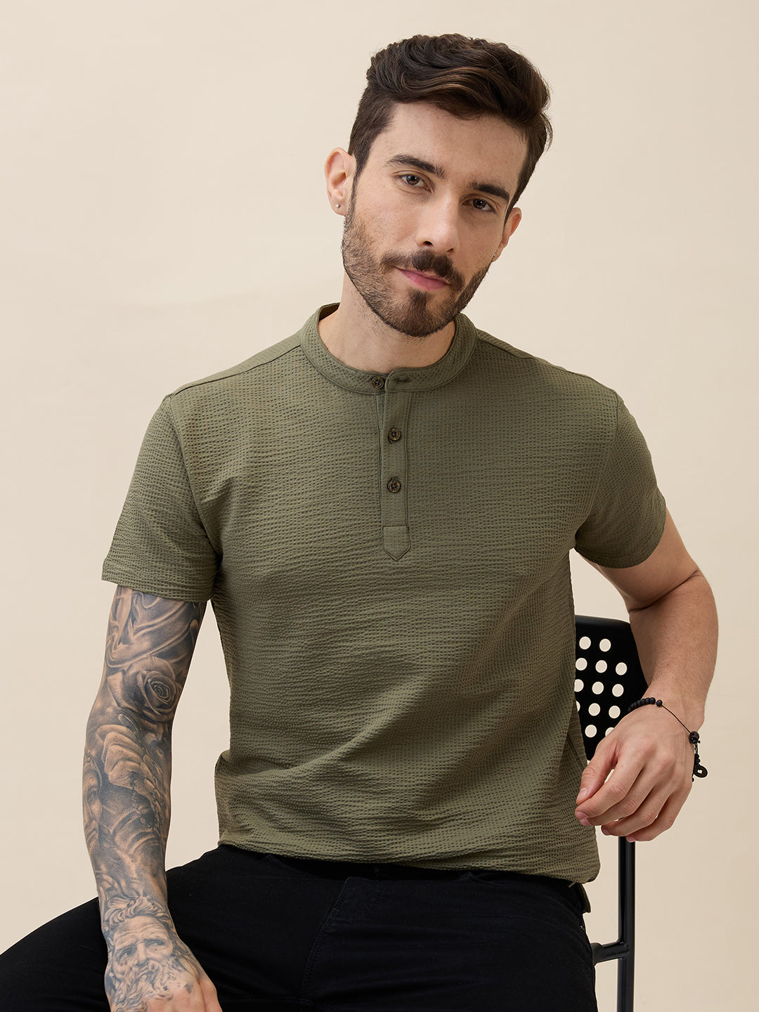 Mens Solid Henley Neck Half Sleeves Regular Fit Tshirt