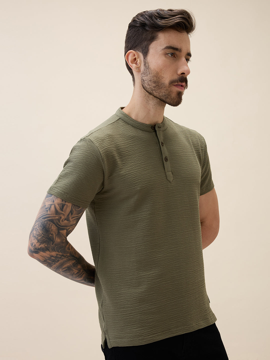 Mens Solid Henley Neck Half Sleeves Regular Fit Tshirt